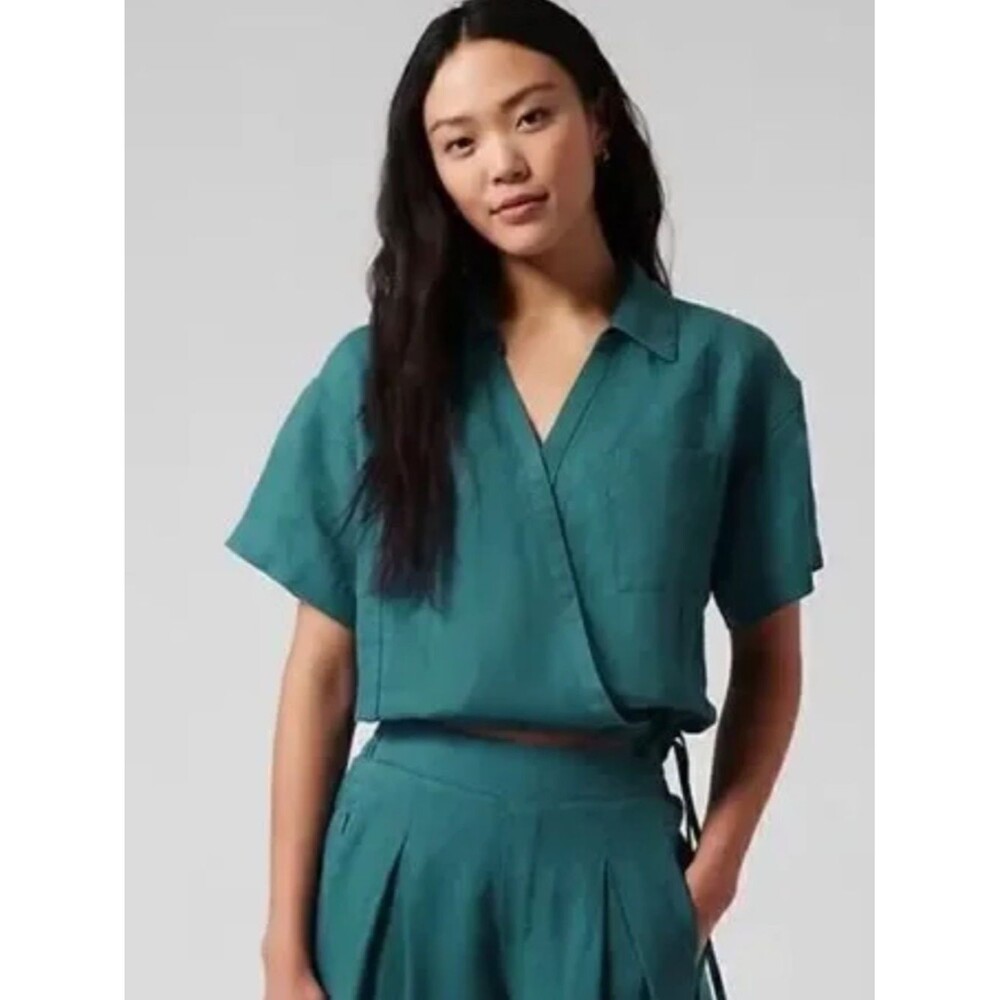 Athleta Teal Wrap Short Sleeve Linen Top